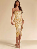 Cream metallic gold-print midi dress with halter strap sweetheart bust pleated drape and slit