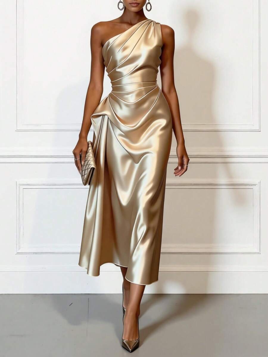 Elevate your special occasion style with this sophisticated off-shoulder satin party dress. The sleek, fitted silhouette flatters your figure while the luxurious satin fabric drapes beautifully, creating an effortlessly elegant look. Perfect for weddings, graduations, and formal events, this mid-length gown strikes the ideal balance between timeless glamour and modern refinement. The off-shoulder neckline adds a touch of allure and femininity, making it a standout choice for any celebration. 