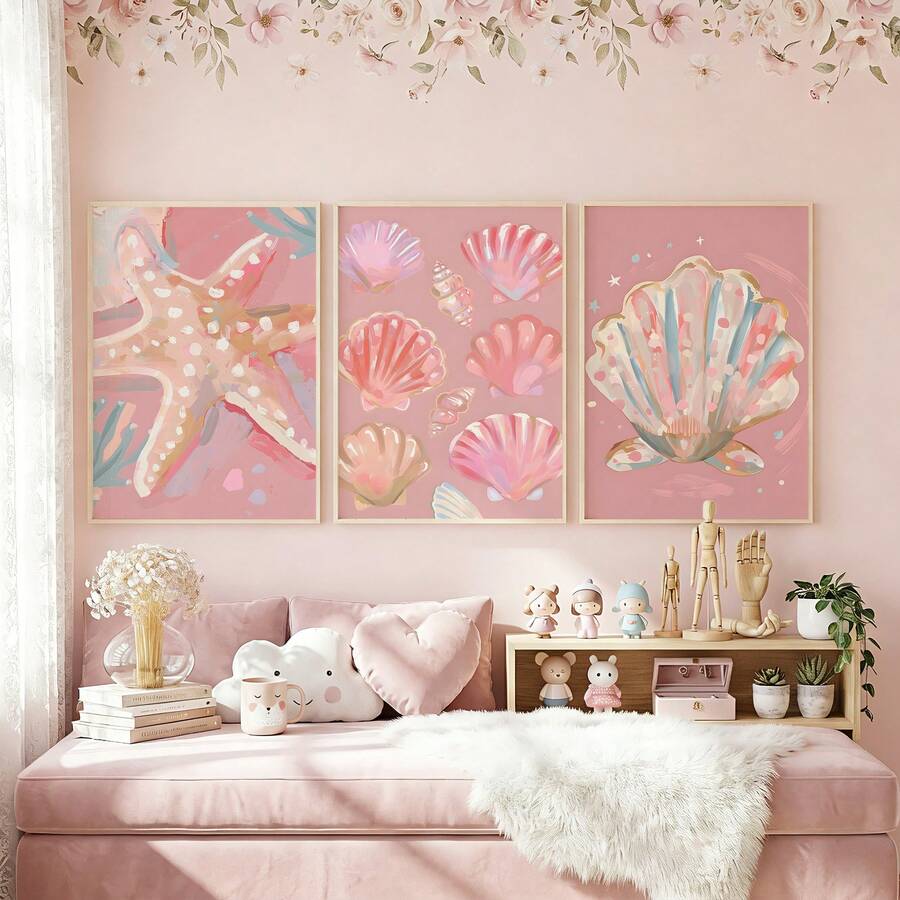 Pink coastal seashell and starfish canvas wall art set