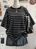 Detail view of Chic Minimalist Striped Cotton T-Shirt for Women - Perfect Gift for Friends for women styling