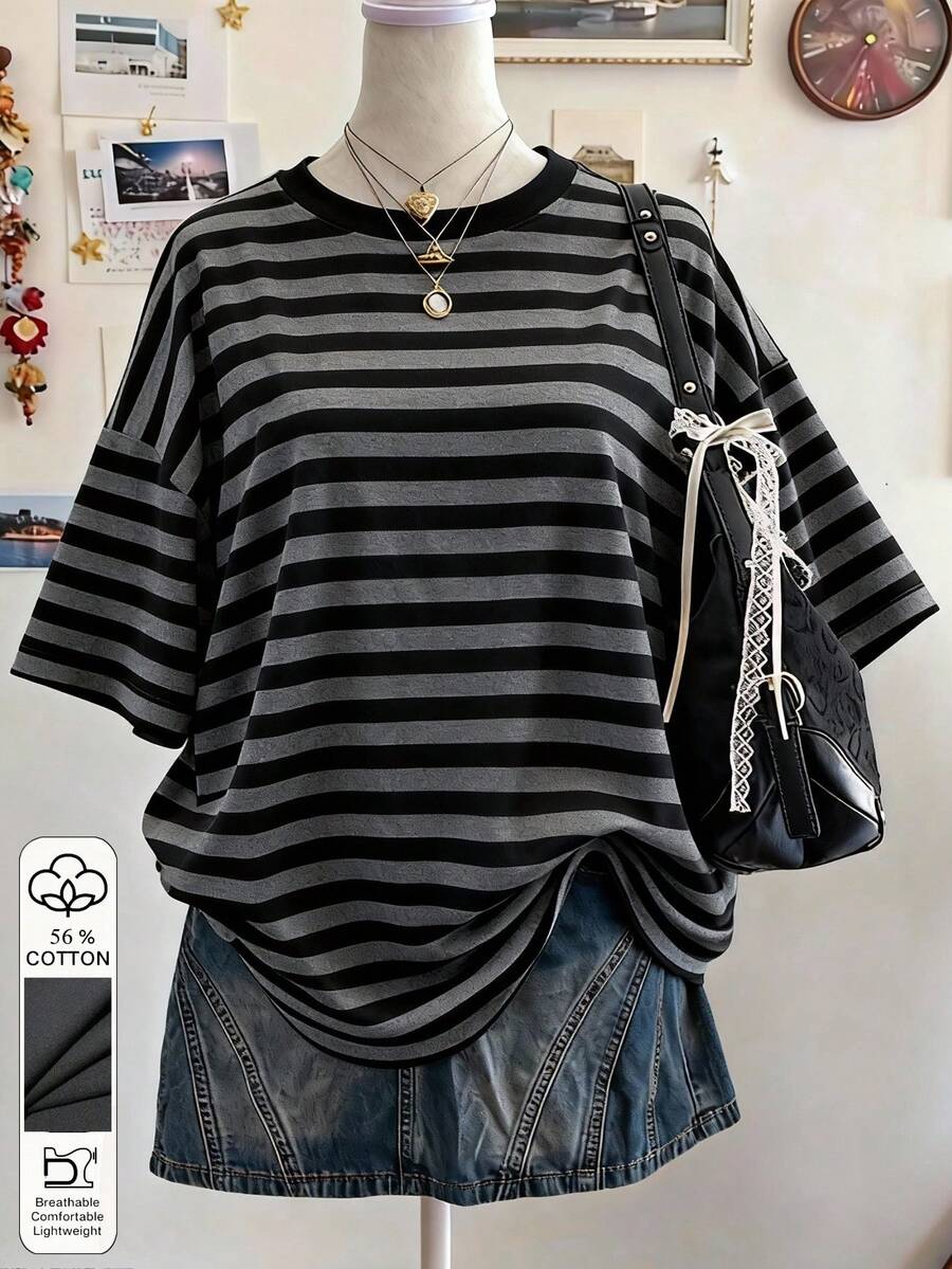 Detail view of Chic Minimalist Striped Cotton T-Shirt for Women - Perfect Gift for Friends for women styling