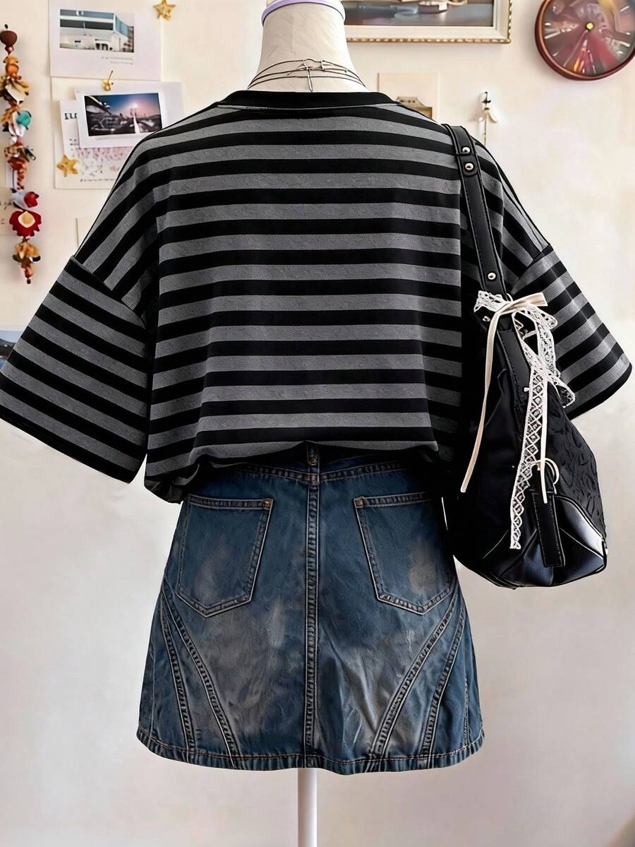 Fabric detail of Chic Minimalist Striped Cotton T-Shirt for Women - Perfect Gift for Friends for women styling