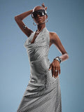 White and black checked maxi dress with flowing drape
