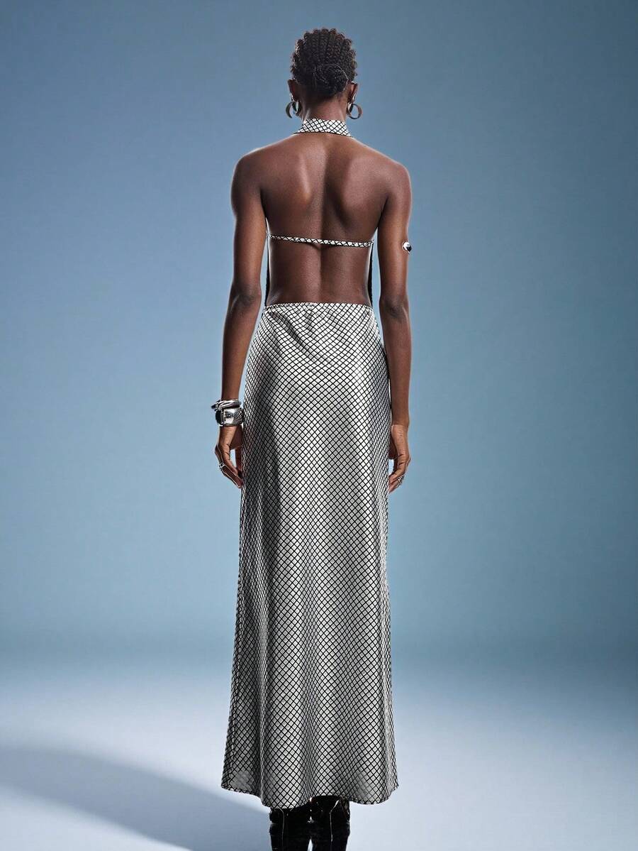 Silver plaid halter maxi dress with open back