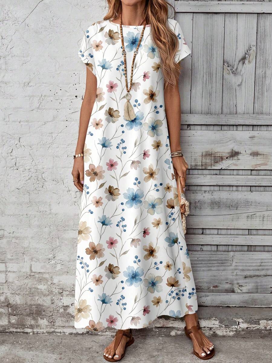 Front view of blue tan vine floral maxi dress with round neck