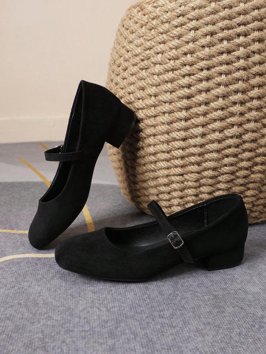 suede Mary Jane low heel pumps image 6 showing visible heel, toe, strap, color, and material details