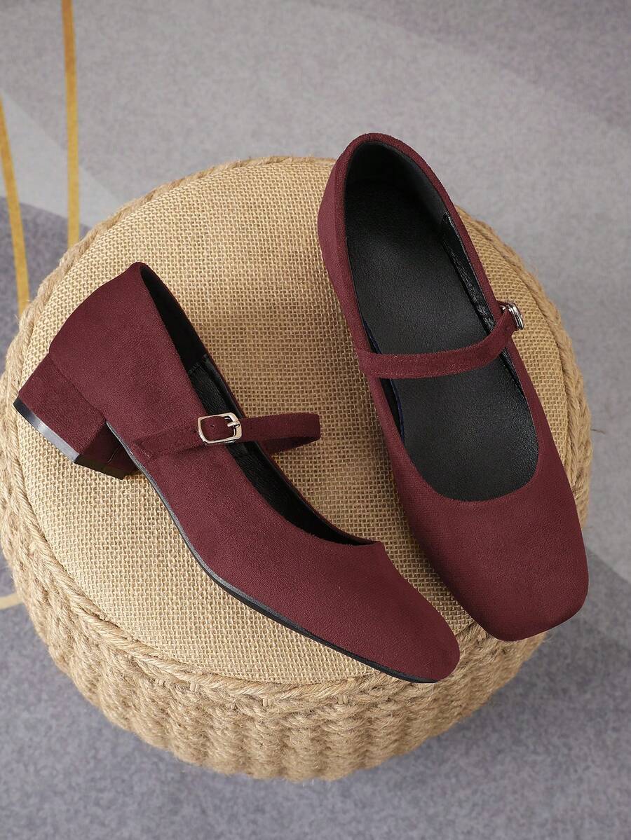 suede Mary Jane low heel pumps image 9 showing visible heel, toe, strap, color, and material details