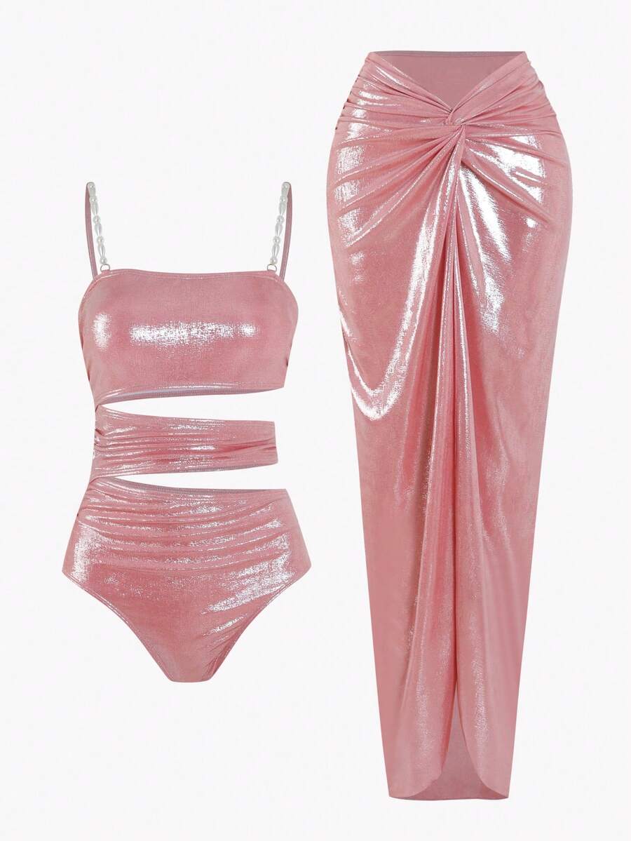 Make a splash this summer in our stunning 2-piece sequin swimsuit set. The shimmering sequin fabric catches the light beautifully, while delicate floral embroidery adds an elegant touch. The flared skirt provides flattering coverage and graceful movement, perfect for poolside lounging or beach days. Designed for women who want to feel confident and chic, this set combines style with comfort for unforgettable summer moments.