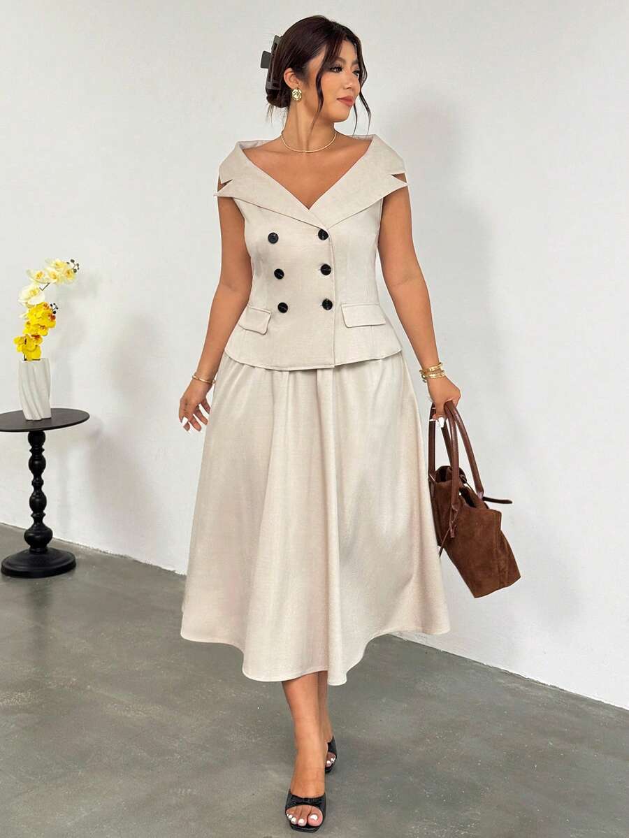 Elevate your workweek with this sophisticated two-piece set designed for the modern professional. The tailored khaki blazer features clean lines and a flattering fit that works beautifully in plus sizes, while the umbrella skirt offers graceful movement and timeless style. Perfect for office settings, client meetings, or weekend outings, this versatile pairing transitions seamlessly from day to evening. The neutral khaki tone pairs effortlessly with your existing wardrobe, making it a smart investment piece