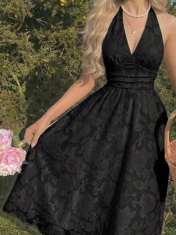 White floral halter midi dress with embroidered vine print