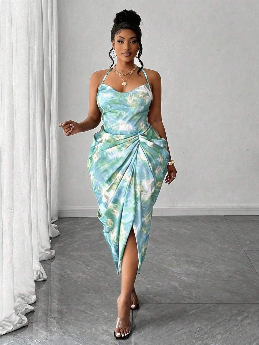 Image 19 - halter back view of Plus Size Women’s Tie Dye Pleated Casual Halter Neck Dress for Trendy Party Outings