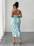 Image 20 - slit detail of Plus Size Women’s Tie Dye Pleated Casual Halter Neck Dress for Trendy Party Outings
