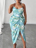 Image 21 - final product view of Plus Size Women’s Tie Dye Pleated Casual Halter Neck Dress for Trendy Party Outings