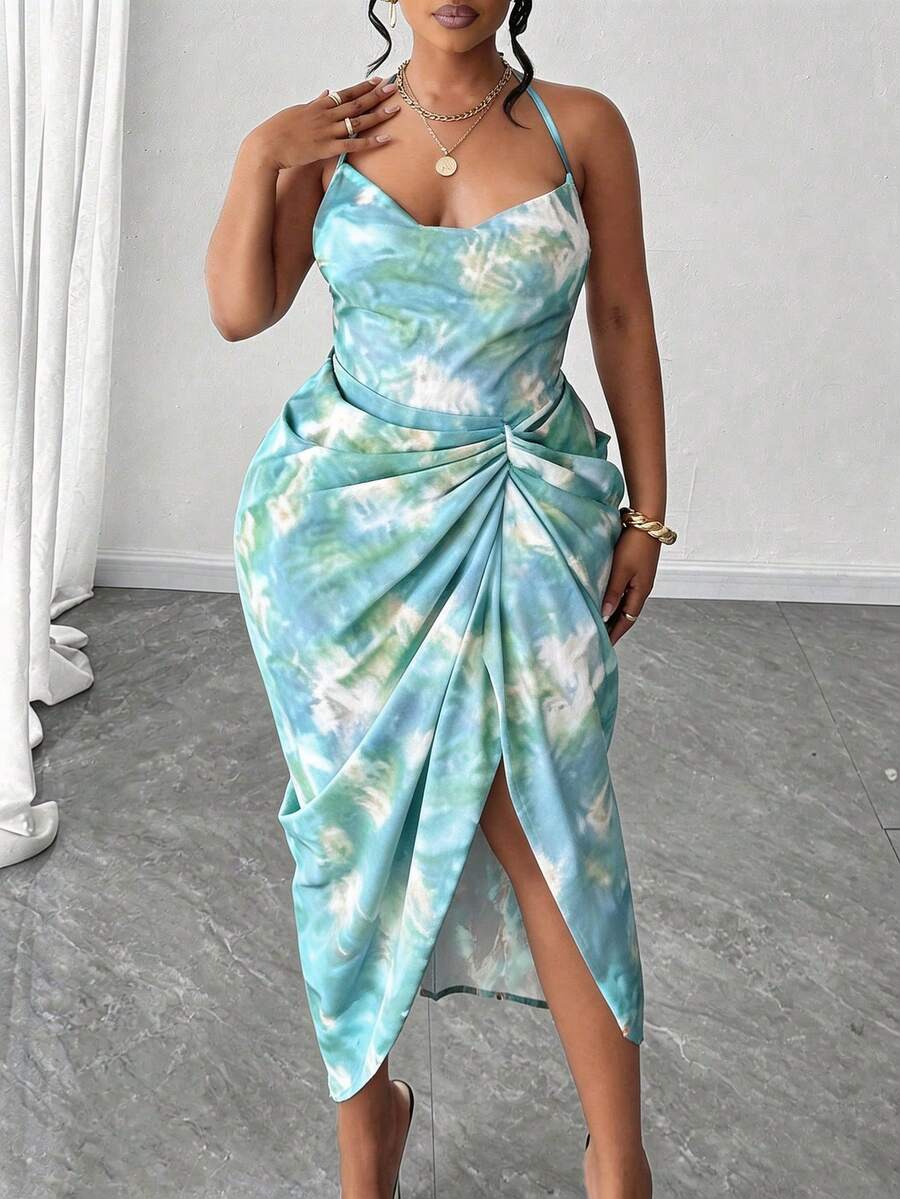 Image 21 - final product view of Plus Size Women’s Tie Dye Pleated Casual Halter Neck Dress for Trendy Party Outings