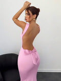 Baby pink backless bow cowl neck maxi dress front view