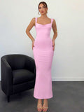 Baby pink cowl neck bodycon maxi dress side view