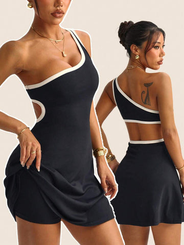 One shoulder black sports mini dress with white trim