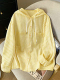 Detail view of Elegant Plus Size Striped Hooded Shirt  for Summer and Autumn - Lightweight & Stylish for everyday styling