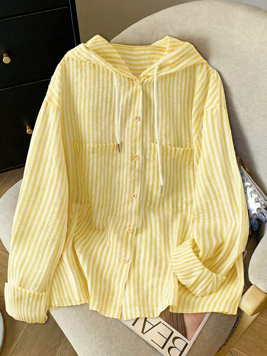 Detail view of Elegant Plus Size Striped Hooded Shirt  for Summer and Autumn - Lightweight & Stylish for everyday styling