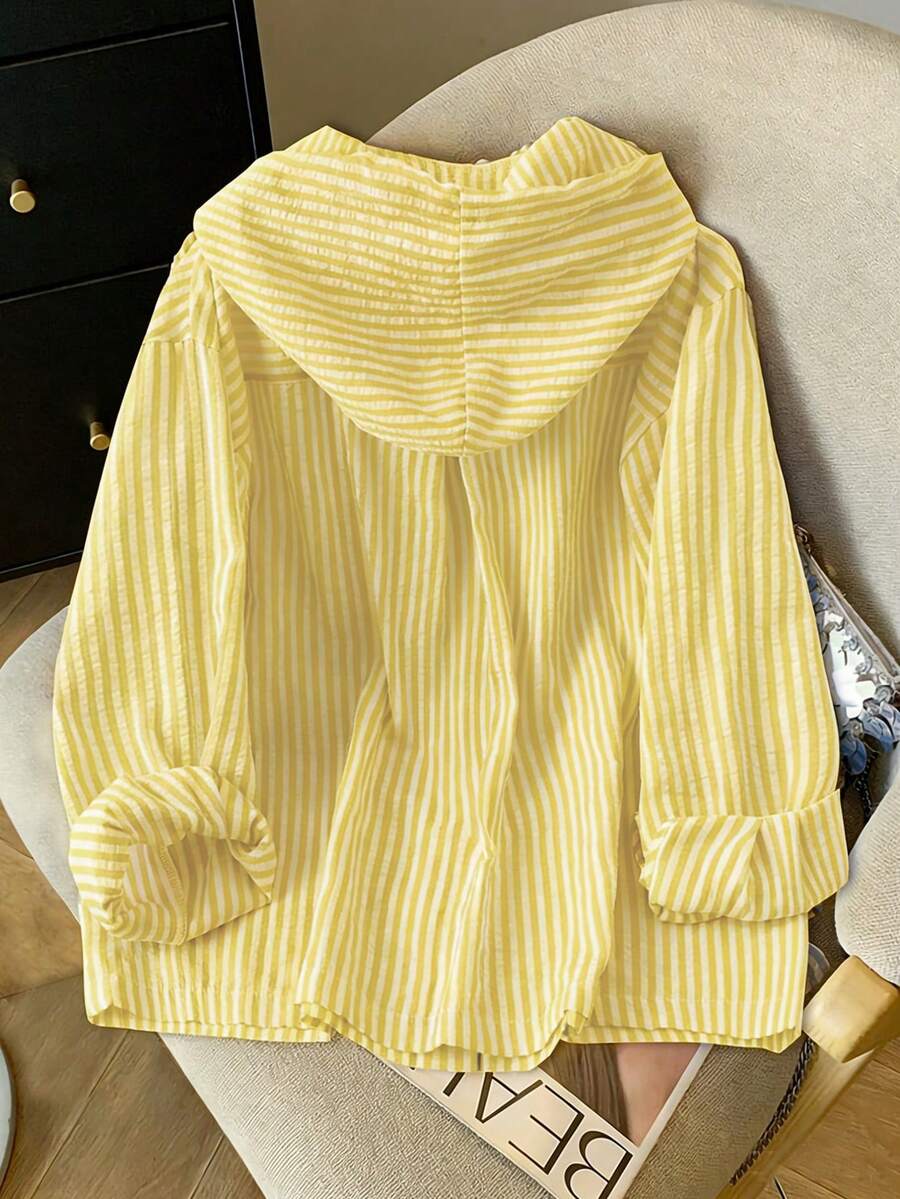 Detail view of Elegant Plus Size Striped Hooded Shirt  for Summer and Autumn - Lightweight & Stylish for everyday styling