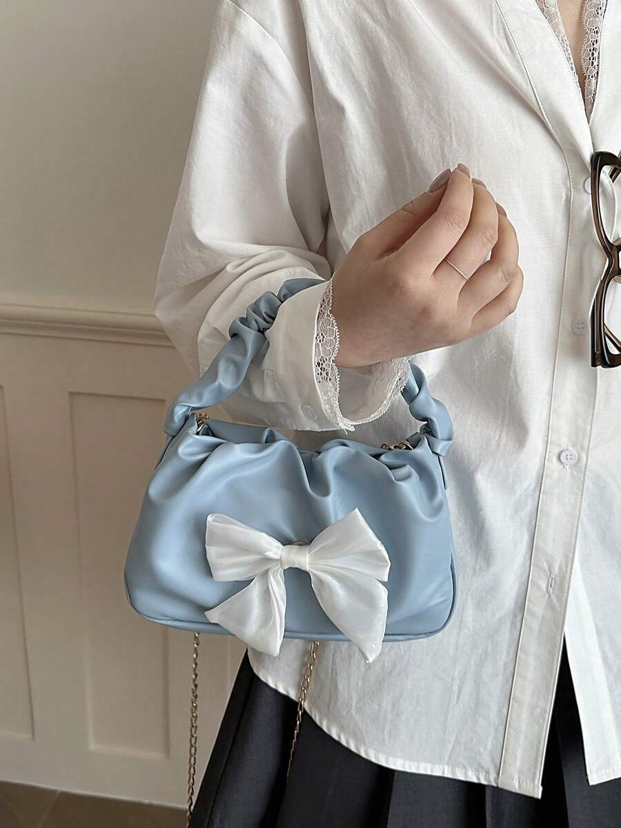 Image 2 - side profile of Fashionable Crescent-Shaped Handbag with Silk Scarf Bow - Perfect Valentine’s Day Gift for Women