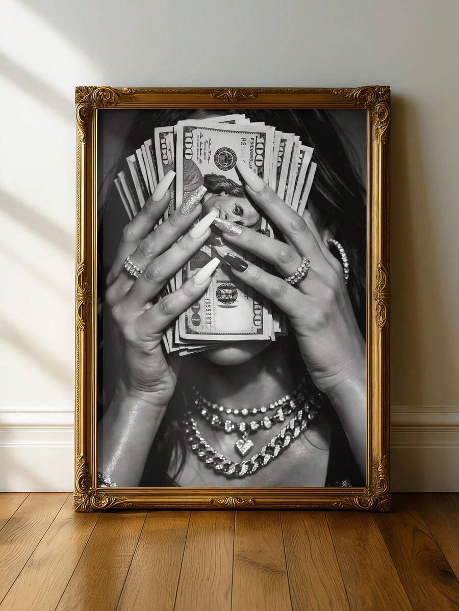 Alternate black and white money portrait displayed in a bedroom