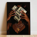 Sepia hands holding cash stacks with gold nails and rings
