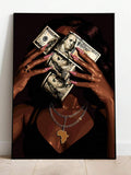 Graphic illustrated woman with dollar bills and Africa pendant