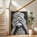Sepia money-themed wall art displayed above a console