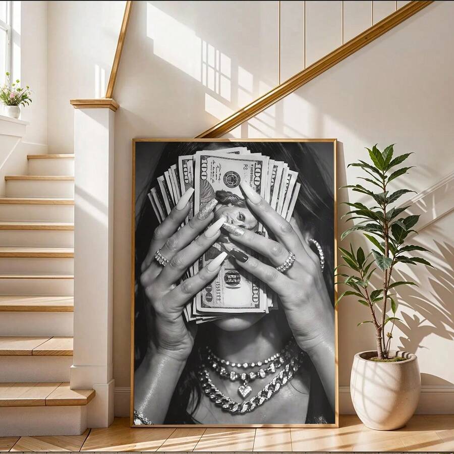 Sepia money-themed wall art displayed above a console
