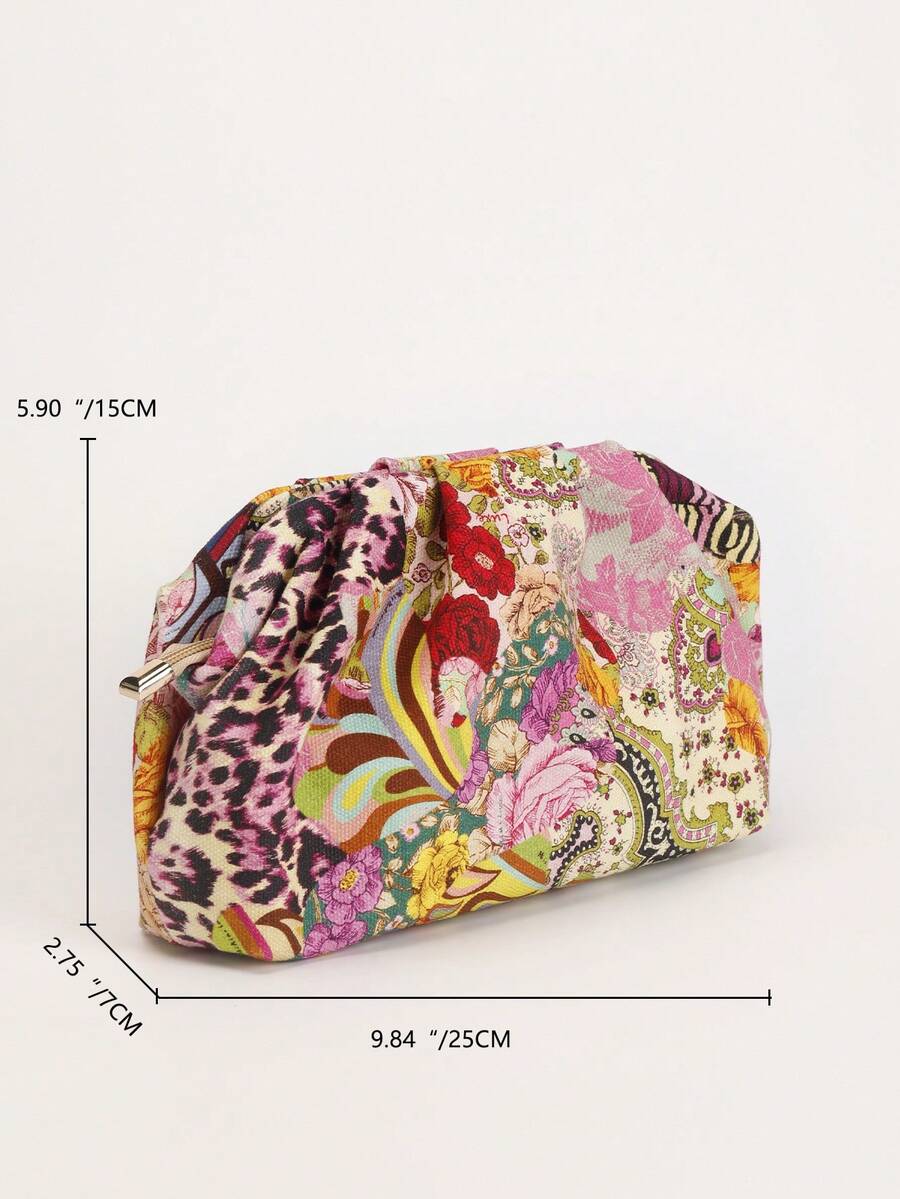 Patchwork fabric clutch pouch with floral paisley leopard print and size lines showing 25 cm length 15 cm height 7 cm width