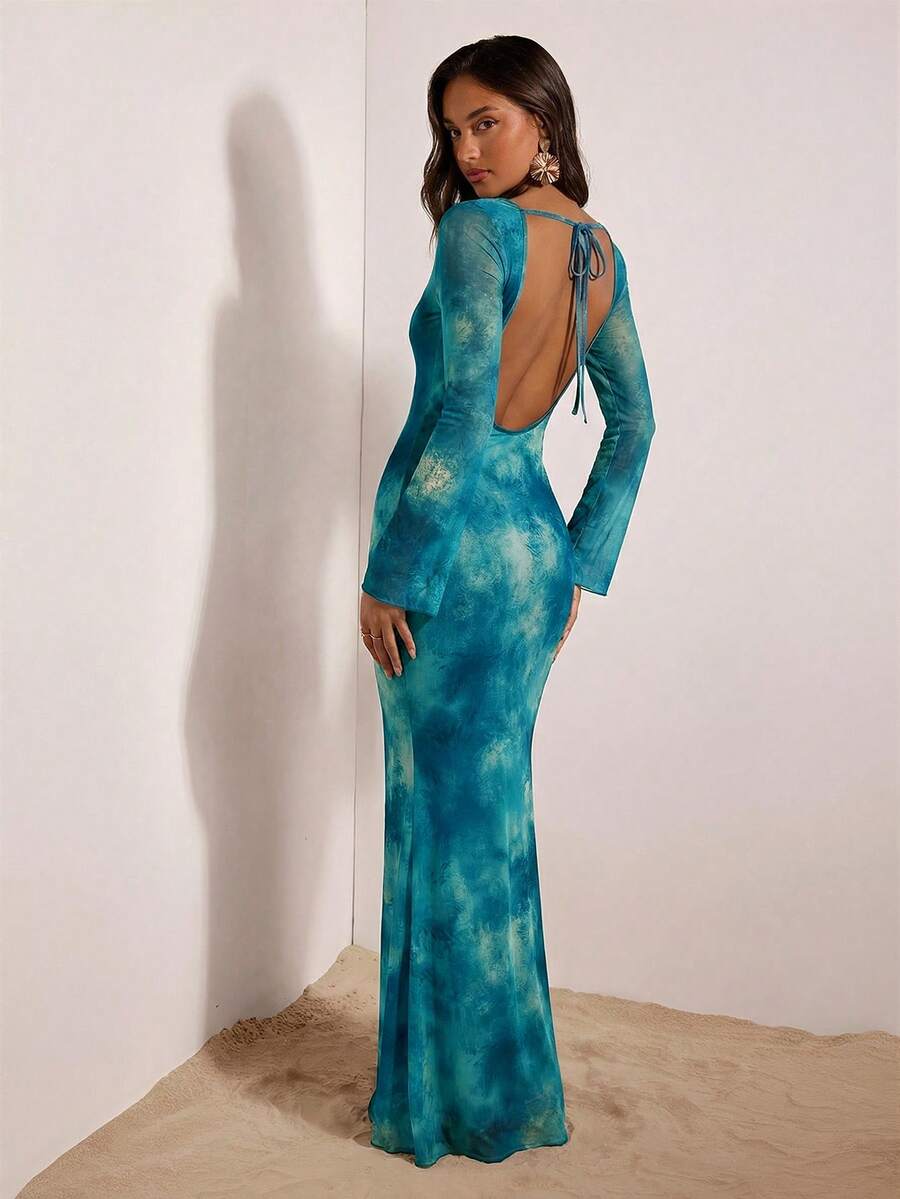 Teal blue tie dye long sleeve open back mesh maxi dress front view