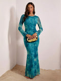 Teal blue mesh maxi dress with deep open back