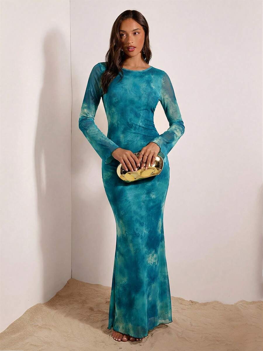 Teal blue mesh maxi dress with deep open back
