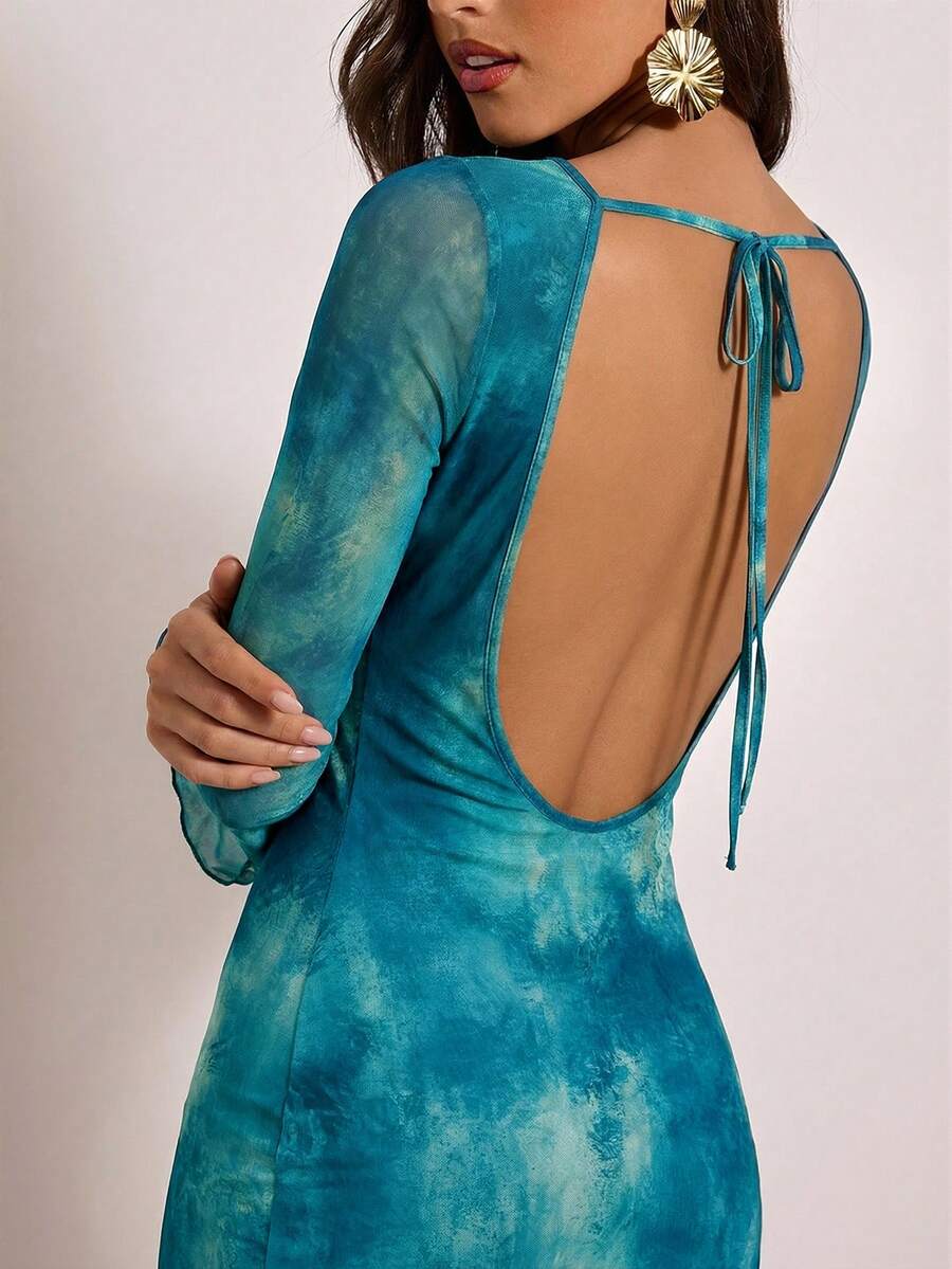Teal blue tie dye long sleeve mermaid dress side view