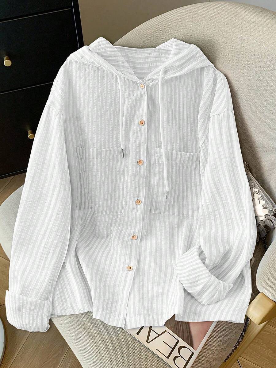 Detail view of Elegant Plus Size Striped Hooded Shirt  for Summer and Autumn - Lightweight & Stylish for everyday styling