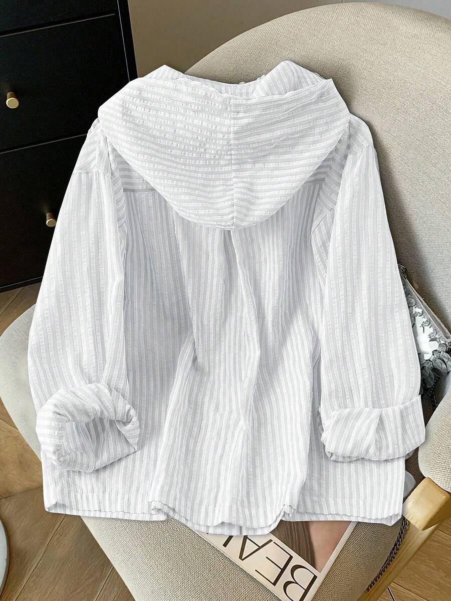 Detail view of Elegant Plus Size Striped Hooded Shirt  for Summer and Autumn - Lightweight & Stylish for everyday styling