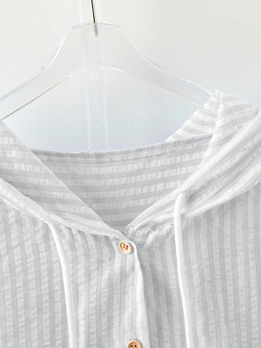 Detail view of Elegant Plus Size Striped Hooded Shirt  for Summer and Autumn - Lightweight & Stylish for everyday styling