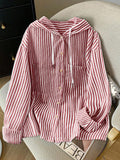 Detail view of Elegant Plus Size Striped Hooded Shirt  for Summer and Autumn - Lightweight & Stylish for everyday styling