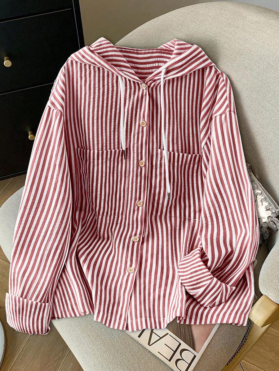 Detail view of Elegant Plus Size Striped Hooded Shirt  for Summer and Autumn - Lightweight & Stylish for everyday styling