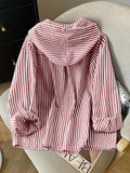 Detail view of Elegant Plus Size Striped Hooded Shirt  for Summer and Autumn - Lightweight & Stylish for everyday styling