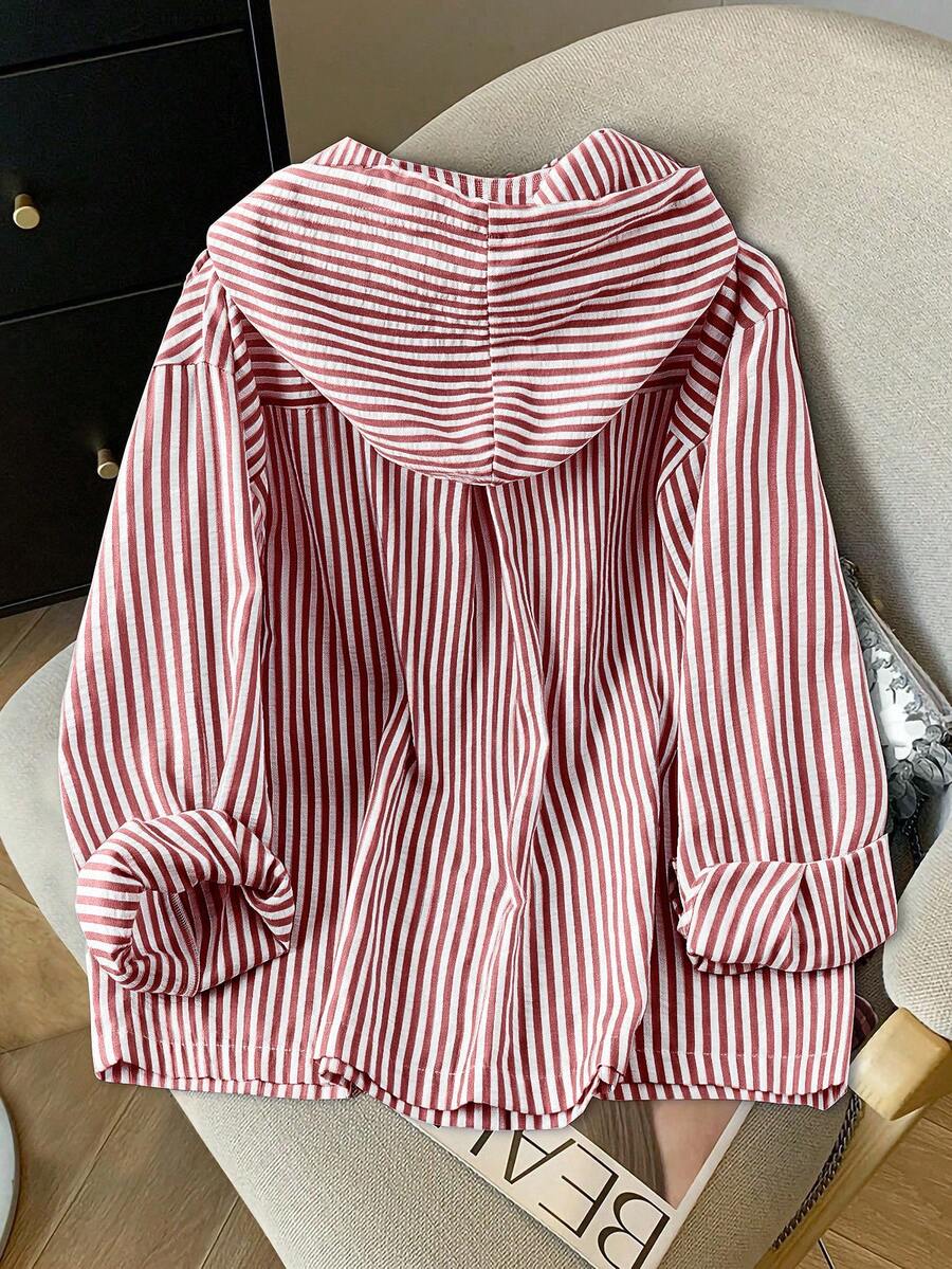 Detail view of Elegant Plus Size Striped Hooded Shirt  for Summer and Autumn - Lightweight & Stylish for everyday styling