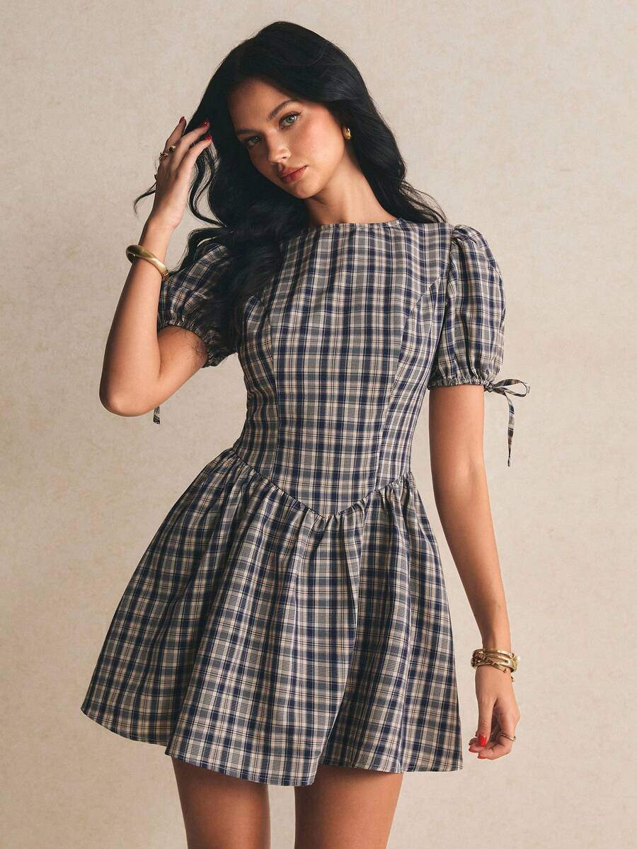Navy beige plaid puff sleeve mini dress with gathered skirt full front view