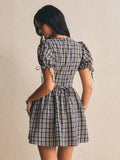 Plaid puff sleeve mini dress with back tie and gathered skirt rear view