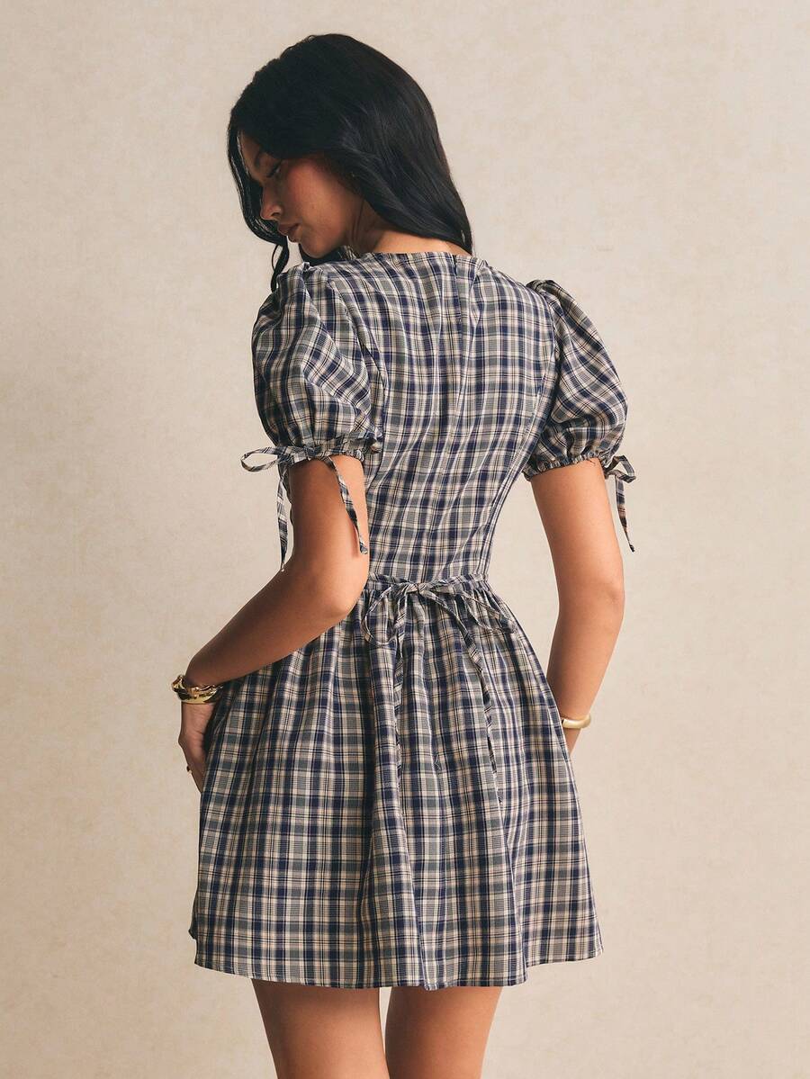 Plaid puff sleeve mini dress with back tie and gathered skirt rear view