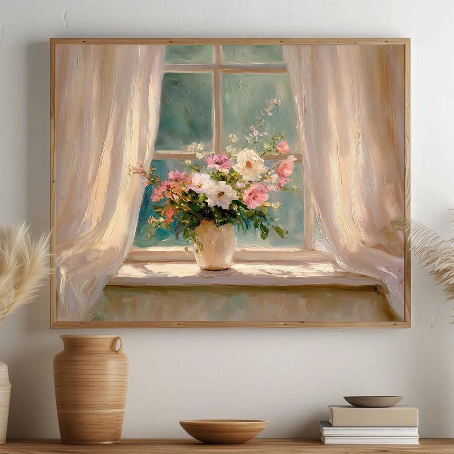 Vertical vintage rose window canvas art in a bedroom with blue shutters and cream curtains