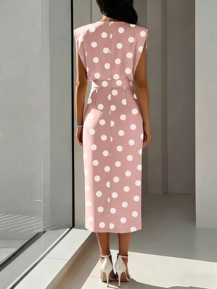 Image 3 - back view of Elegant Plus Size Sleeveless Pink and White Polka Dot Dress for Summer Weddings and Cruises