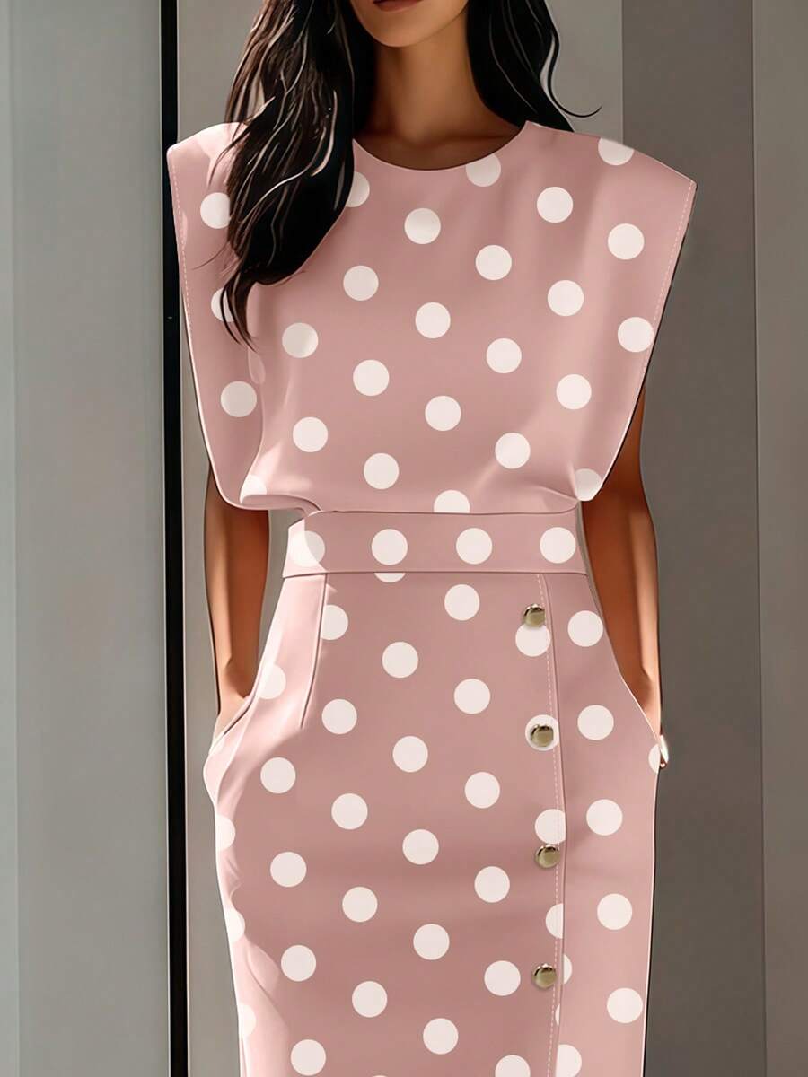 Image 2 - side profile of Elegant Plus Size Sleeveless Pink and White Polka Dot Dress for Summer Weddings and Cruises