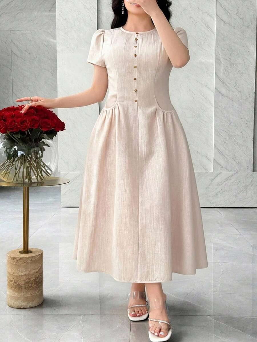Full length view of Elegant Plus Size Women's Waist-Cinching Dress for Summer Dates and Special Occasions