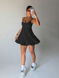 adjustable spaghetti strap mesh ruffle mini sports dress with built in pocket shorts image 6